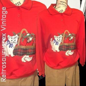 𝅺vintage Crazy Cat Lady Red Collared Long Sleeve Shirt, XL/1X/2X